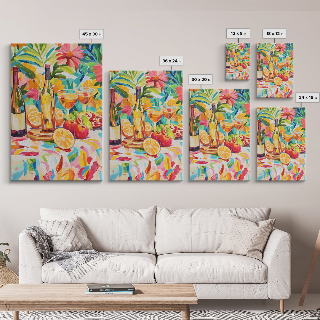 Garden Wine Bottles With Citrus Canvas Print, Colorful Kitchen Wall Art, Dining Room Decor, Wine Lover Housewarming Gift