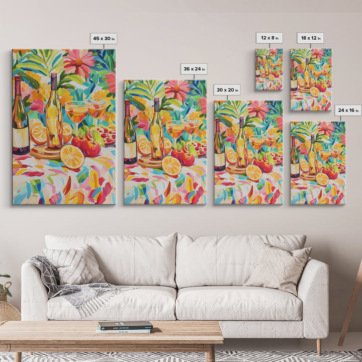 Garden Wine Bottles With Citrus Canvas Print, Colorful Kitchen Wall Art, Dining Room Decor, Wine Lover Housewarming Gift