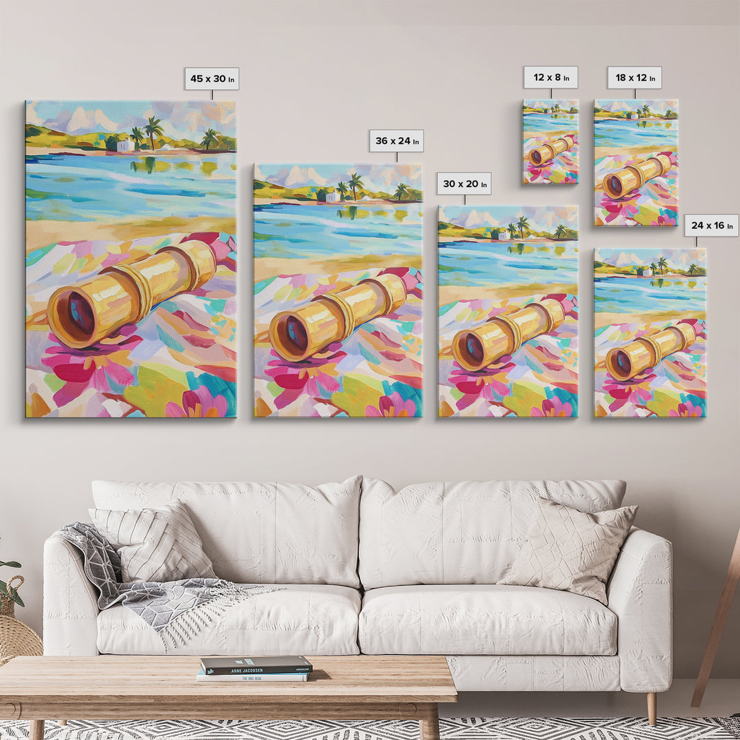 Brass Telescope On Tropical Beach Towel Wall Art, Colorful Coastal Canvas, Summer Travel Decor, Beach House Living Room Print