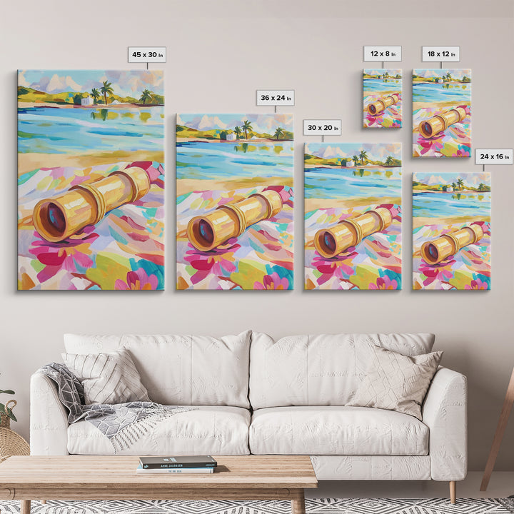 Brass Telescope On Tropical Beach Towel Wall Art, Colorful Coastal Canvas, Summer Travel Decor, Beach House Living Room Print