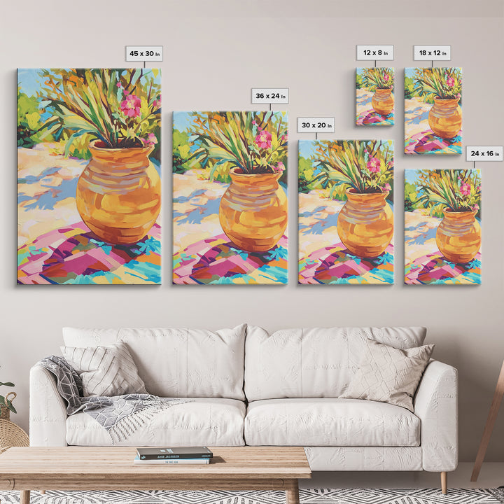 Terracotta Pot With Tropical Garden Plants Framed Canvas Print, Colorful Botanical Wall Art, Boho Patio Decor, Housewarming Gift