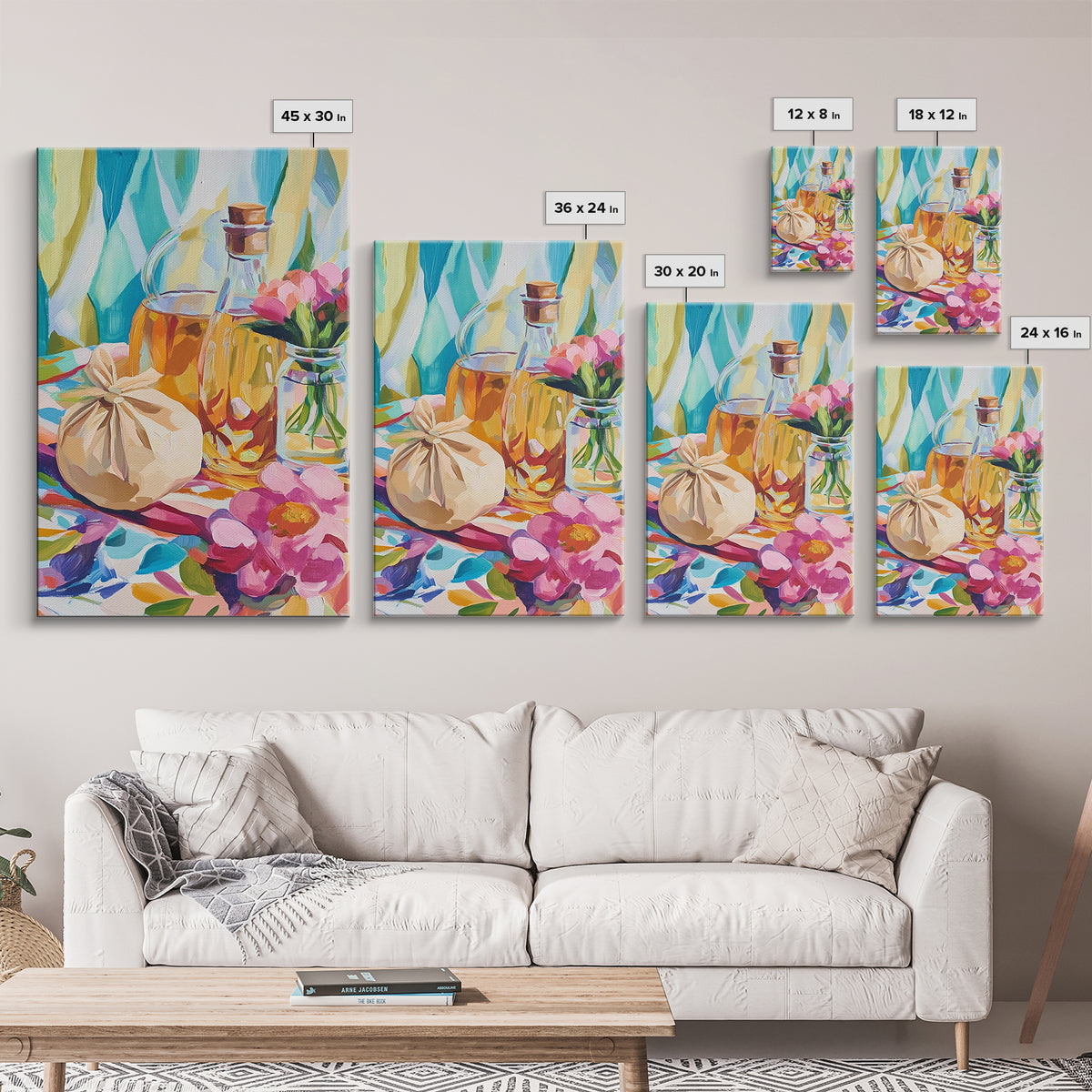 Olive Oil Bottles And Garlic Still Life Canvas Print, Colorful Kitchen Wall Art, Mediterranean Decor, Foodie Housewarming Gift