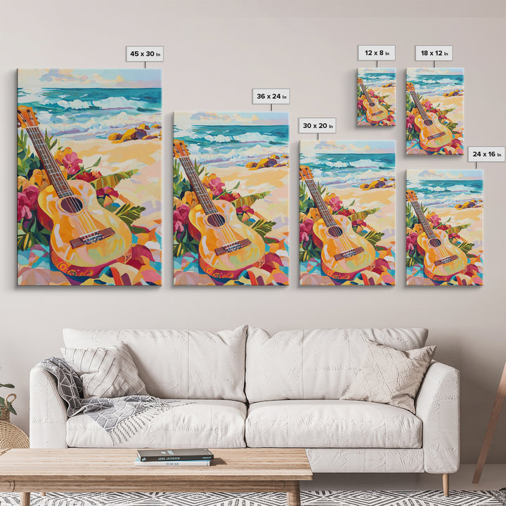 Tropical Guitar On Sunny Beach Canvas Print, Coastal Wall Art, Ocean Music Decor, Beach House Gift For Music Lover, Living Room Wall Art