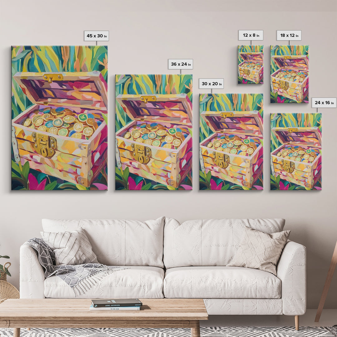 Jungle Treasure Chest Canvas Print, Gold Coin Adventure Wall Art, Tropical Home Decor, Safari Nursery Decor, Unique Gift