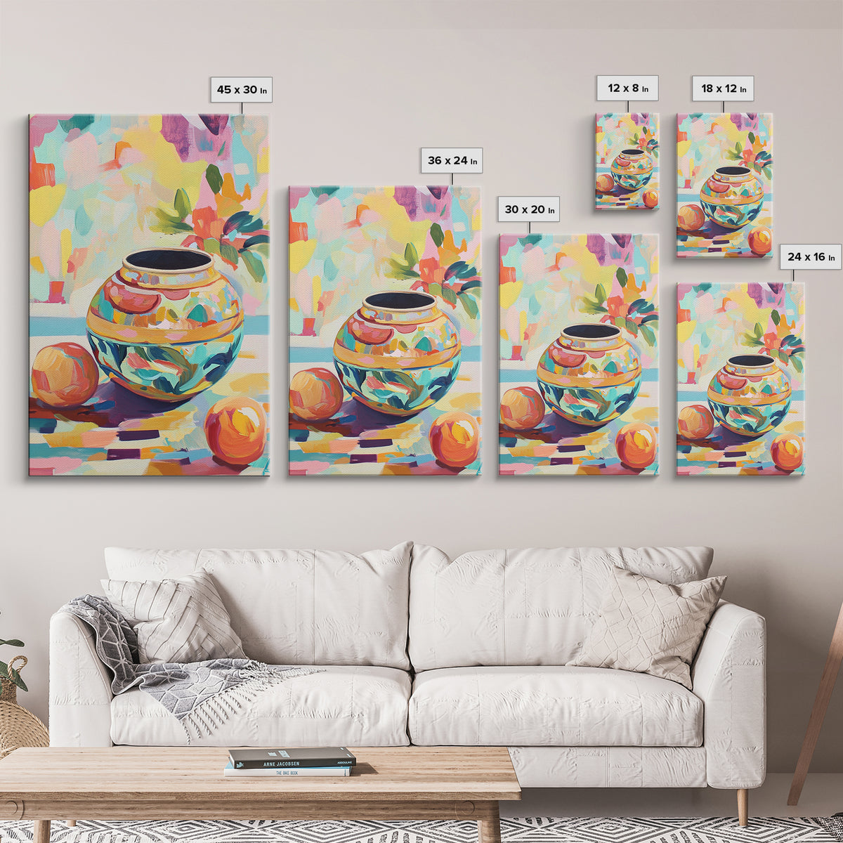 Colorful Ceramic Vase Still Life Wall Art, Fruit And Flower Canvas Print, Eclectic Home Decor, Kitchen Art, Housewarming Gift