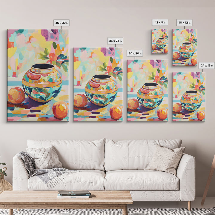 Colorful Ceramic Vase Still Life Wall Art, Fruit And Flower Canvas Print, Eclectic Home Decor, Kitchen Art, Housewarming Gift