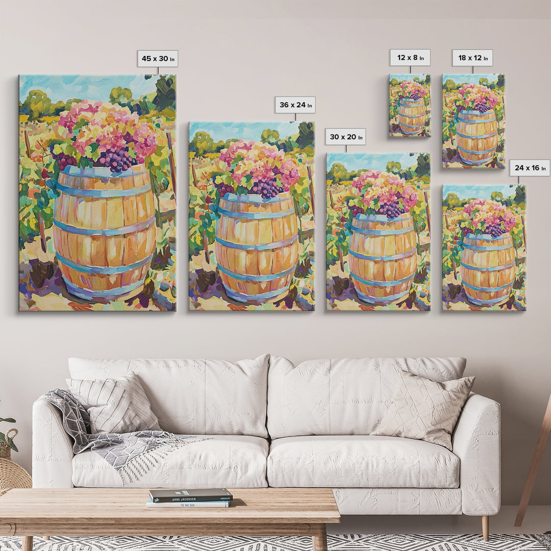 Wine Barrel With Grapes And Hydrangeas Framed Canvas Print, Vineyard Wall Art, Rustic Kitchen Decor, Wine Lover Gift, Home Decor