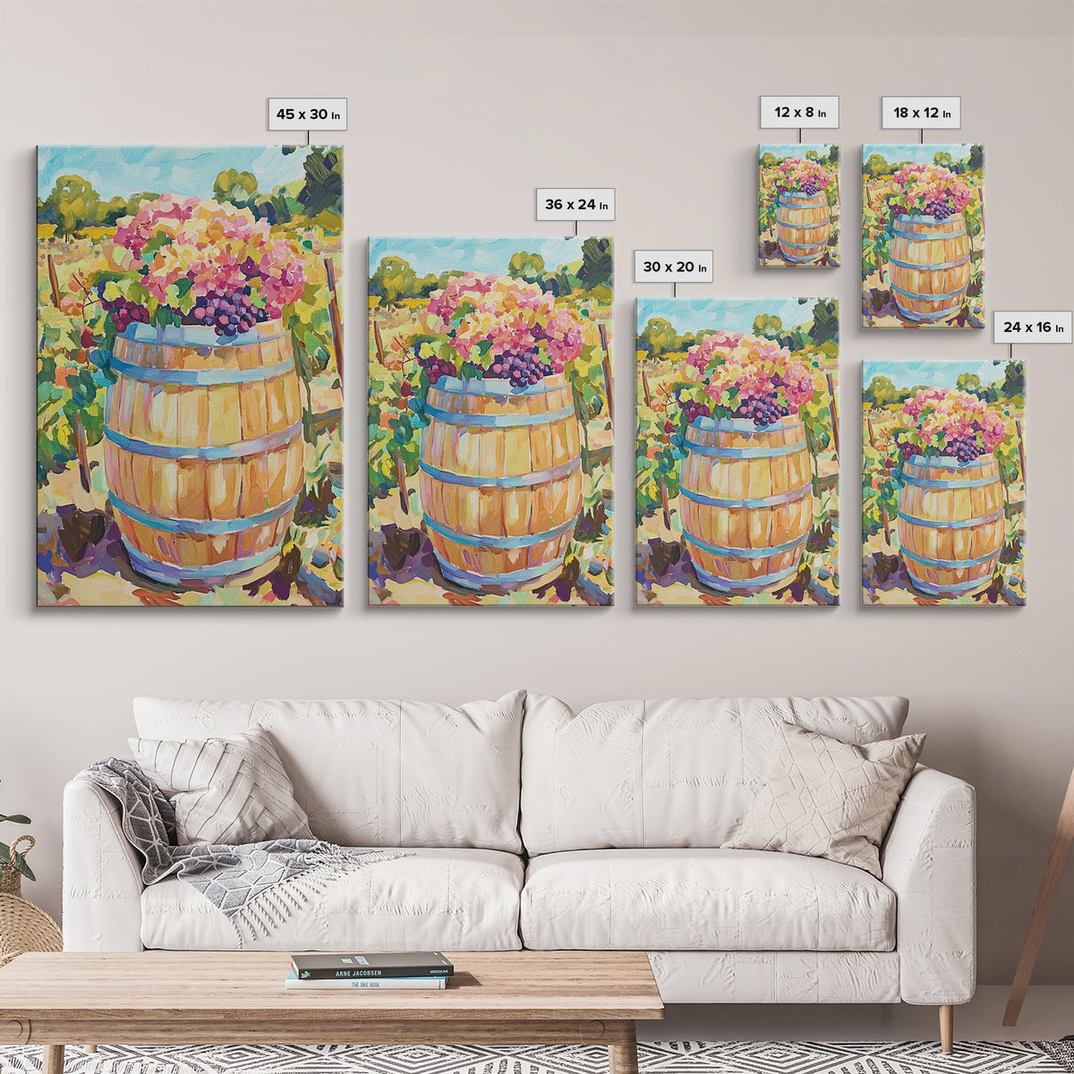 Wine Barrel With Grapes And Hydrangeas Framed Canvas Print, Vineyard Wall Art, Rustic Kitchen Decor, Wine Lover Gift, Home Decor