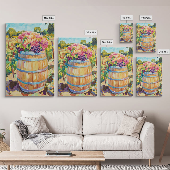 Wine Barrel With Grapes And Hydrangeas Framed Canvas Print, Vineyard Wall Art, Rustic Kitchen Decor, Wine Lover Gift, Home Decor