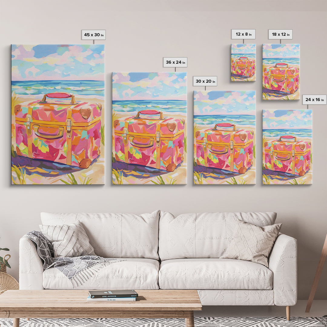 Floral Suitcase On Sunny Beach Canvas Print, Coastal Wall Art, Beach House Decor, Travel Poster, Summer Gift For Her, Ocean Wall Decor