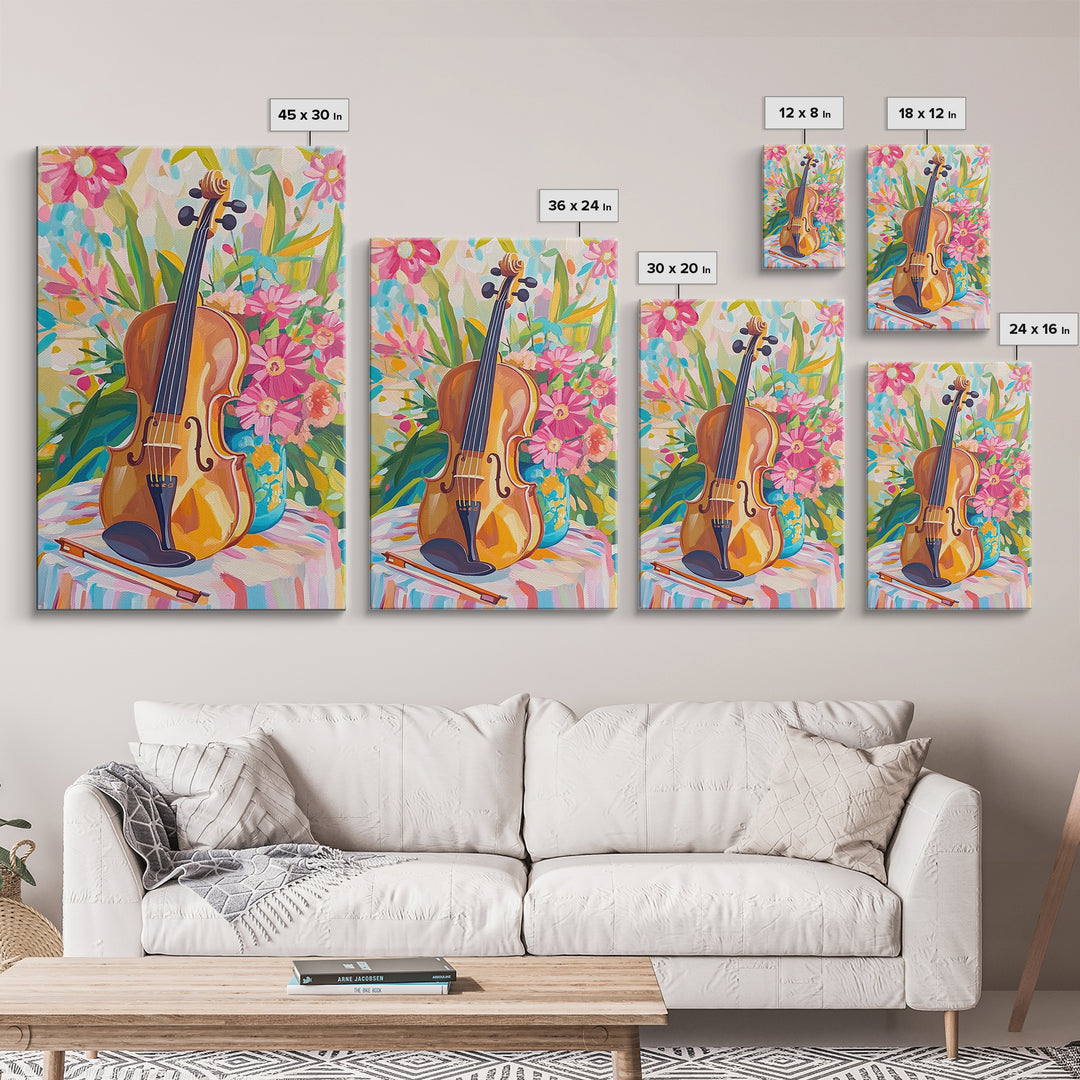 Violin With Pink Garden Flowers Framed Canvas Print, Music Wall Art, Floral Wall Decor, Gift For Music Lover, Fine Art Print