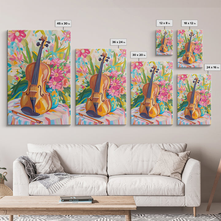 Violin With Pink Garden Flowers Framed Canvas Print, Music Wall Art, Floral Wall Decor, Gift For Music Lover, Fine Art Print