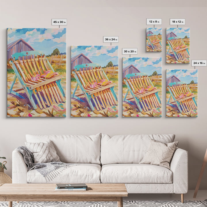 Striped Beach Chair By Rustic Barn Framed Canvas Print, Coastal Farmhouse Wall Art, Summer Patio Decor, Beach House Gift