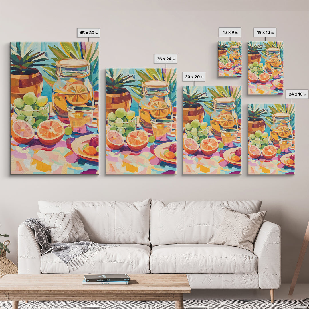 Sunlit Citrus Jar With Limes And Grapefruit Canvas Print, Colorful Kitchen Wall Art, Tropical Home Decor, Food Art Print