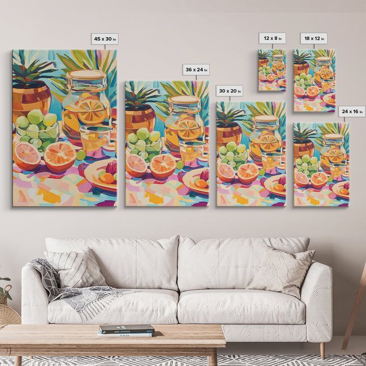Sunlit Citrus Jar With Limes And Grapefruit Canvas Print, Colorful Kitchen Wall Art, Tropical Home Decor, Food Art Print
