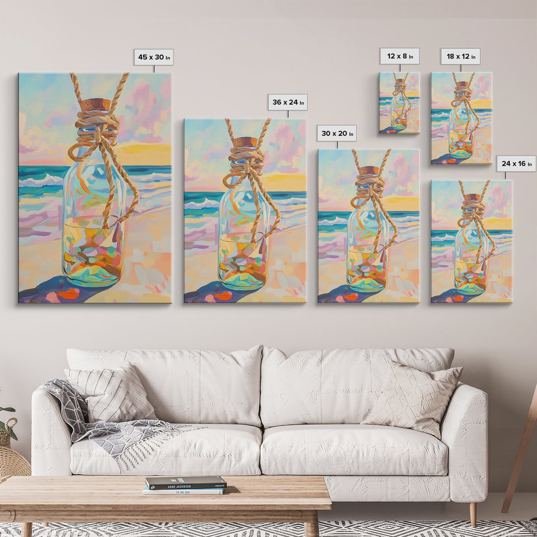 Glass Message Bottle Tied With Rope Canvas Print, Coastal Wall Art, Beach House Decor, Ocean Sunset Print, Nautical Gift