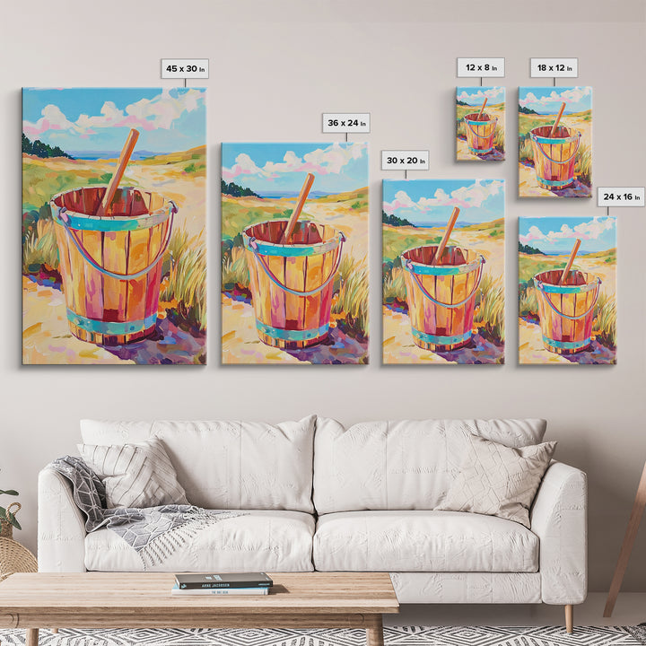 Wooden Beach Bucket And Dunes Wall Art, Coastal Canvas Print, Nautical Beach House Decor, Summer Seascape Gift, Ocean Wall Decor
