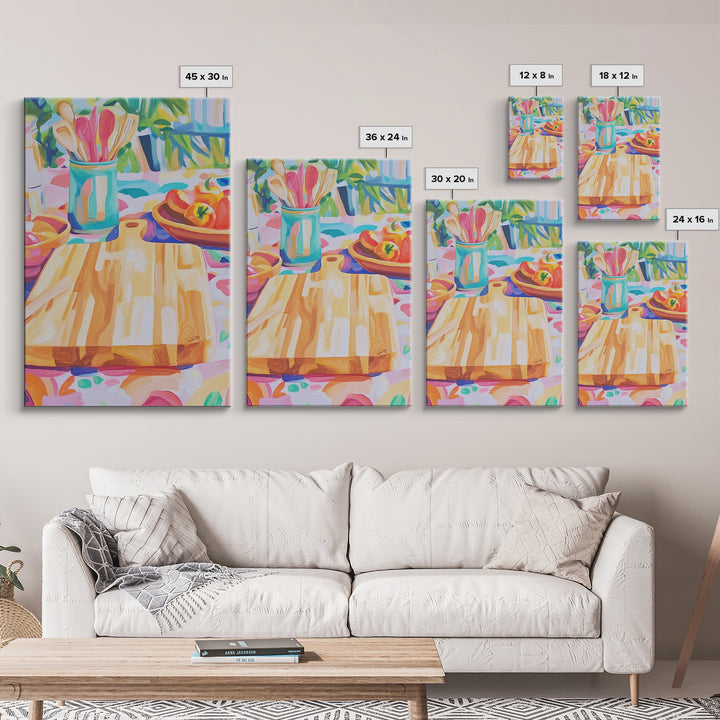 Sunlit Cutting Board Kitchen Wall Art, Colorful Tomato Still Life Canvas Print, Farmhouse Kitchen Decor, Food Lover Gift