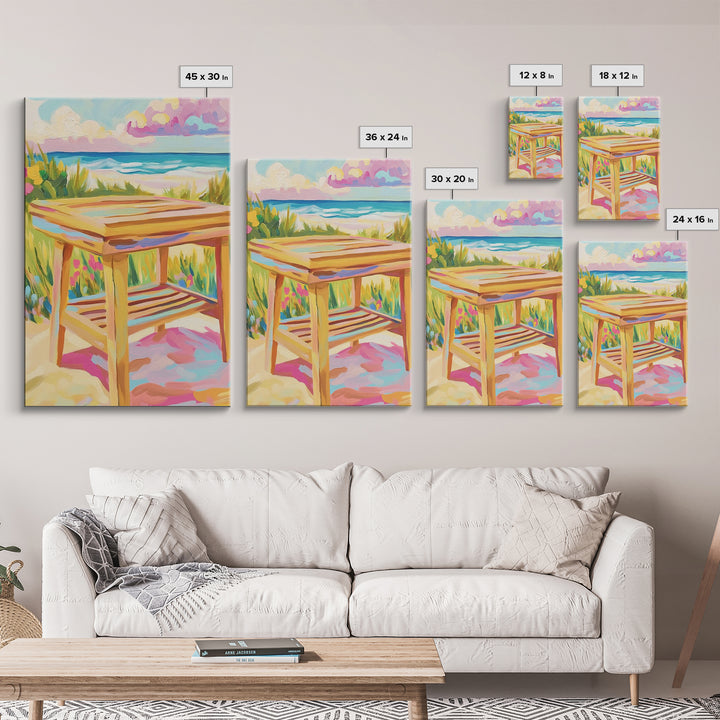 Sunny Beachside Wooden Table Canvas Print, Coastal Wall Art, Ocean Landscape Decor, Beach House Decor, Housewarming Gift