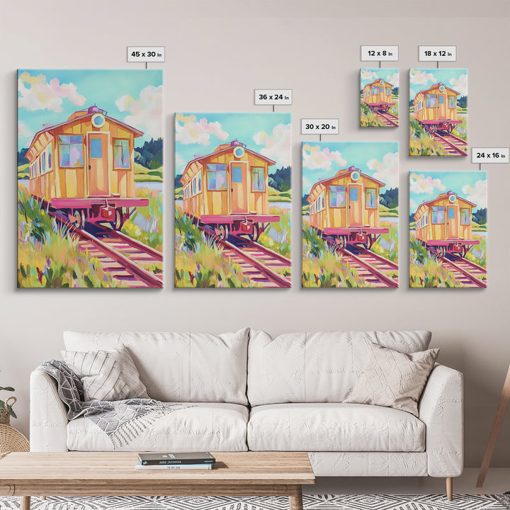 Yellow Railcar On Meadow Tracks Wall Art, Whimsical Travel Poster, Colorful Landscape Canvas Print, Eclectic Home Decor Gift
