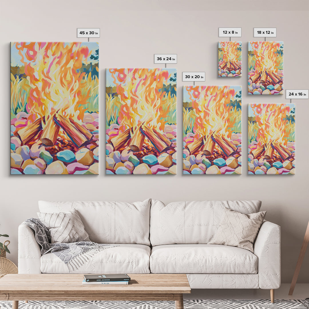 Vibrant Campfire With Painted River Stones Canvas Print, Cozy Wall Art, Cabin Decor, Rustic Outdoor Home Decor Gift For Him