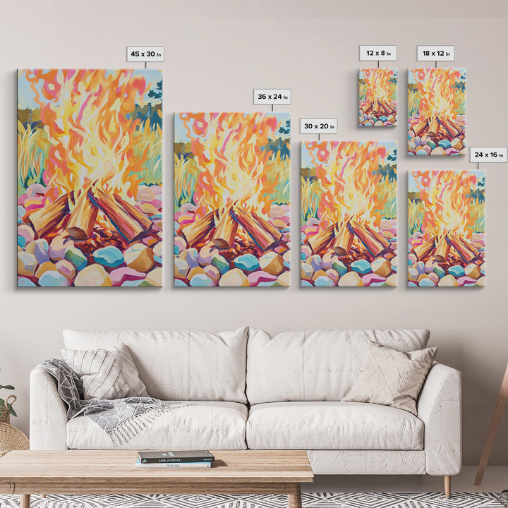 Vibrant Campfire With Painted River Stones Canvas Print, Cozy Wall Art, Cabin Decor, Rustic Outdoor Home Decor Gift For Him