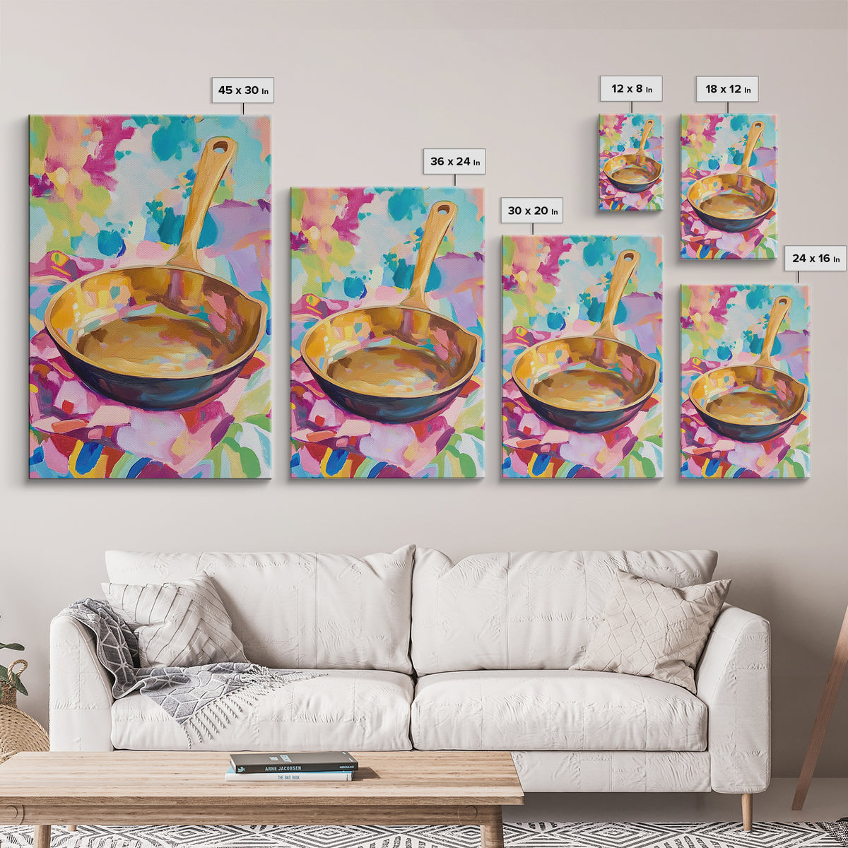 Golden Skillet Pan On Bright Cloth Canvas Print, Colorful Kitchen Wall Art, Foodie Home Decor, Housewarming Gift, Art Print