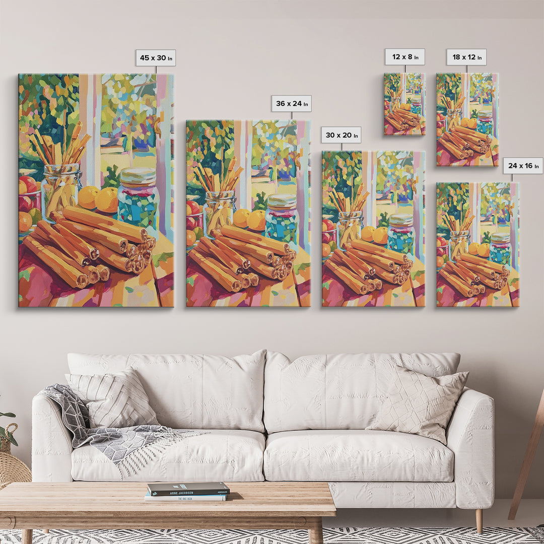 Cinnamon Sticks By Sunny Window Canvas Print, Colorful Kitchen Wall Art, Rustic Farmhouse Decor, Cozy Foodie Housewarming Gift