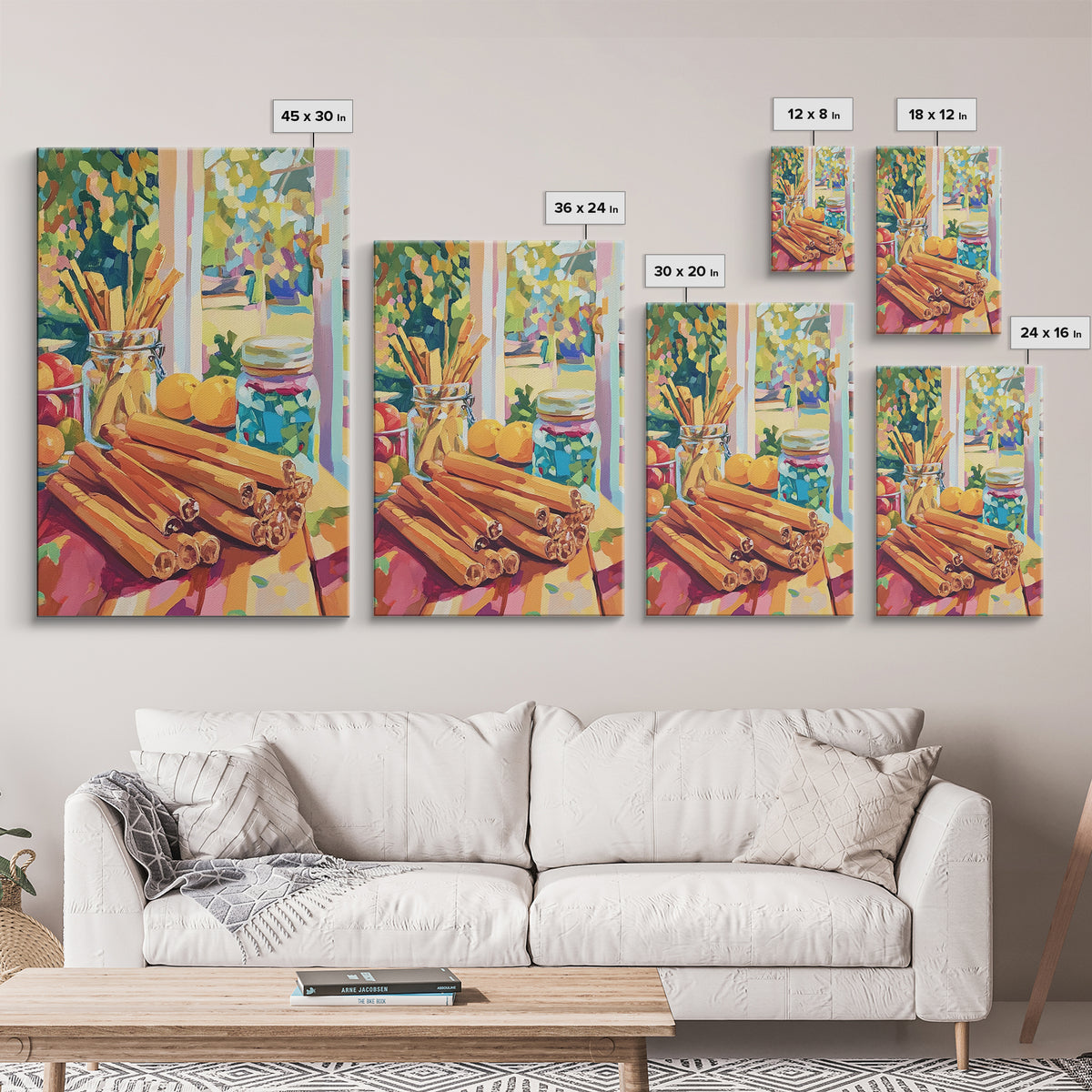 Cinnamon Sticks By Sunny Window Canvas Print, Colorful Kitchen Wall Art, Rustic Farmhouse Decor, Cozy Foodie Housewarming Gift
