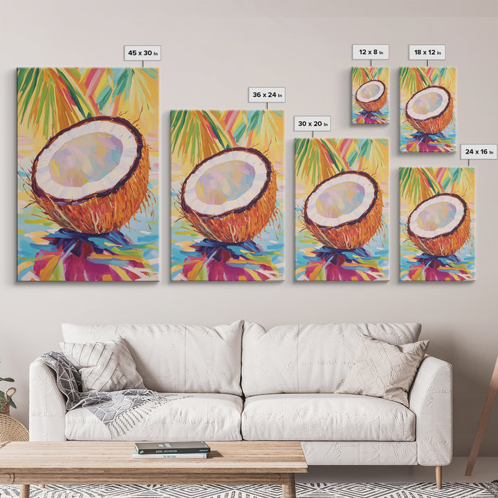 Tropical Coconut Half With Palm Leaves Canvas Print, Coastal Wall Art, Beach House Decor, Colorful Kitchen Art, Summer Gift