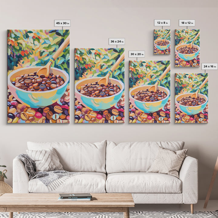 Vibrant Coffee Beans In Ceramic Bowl Canvas Print, Kitchen Wall Art, Coffee Bar Decor, Cafe Poster, Foodie Housewarming Gift