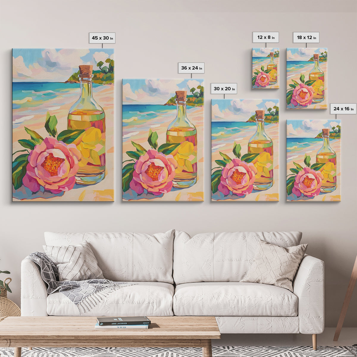 Beach Flower And Glass Bottle Canvas Print, Coastal Wall Art, Tropical Home Decor, Ocean Wall Decor, Summer Kitchen Art Print