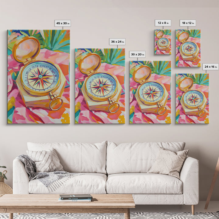 Golden Compass On Pink Tropical Cloth Canvas Print, Travel Wall Art, Coastal Decor, Nautical Poster, Adventure Gift For Her