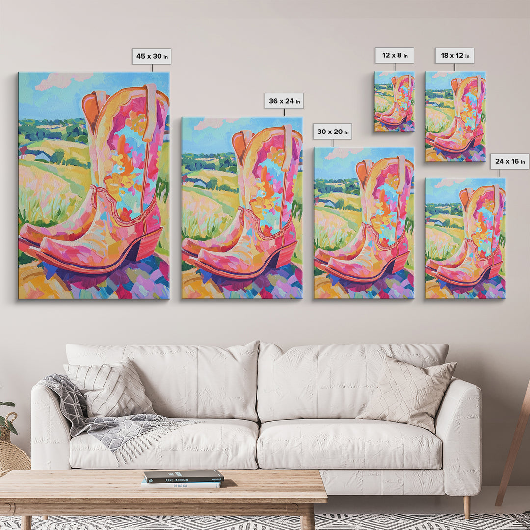 Pink Floral Cowboy Boots Canvas Print, Western Wall Art, Cowgirl Decor, Country Landscape Art Print, Bright Gift For Her