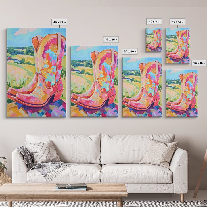 Pink Floral Cowboy Boots Canvas Print, Western Wall Art, Cowgirl Decor, Country Landscape Art Print, Bright Gift For Her