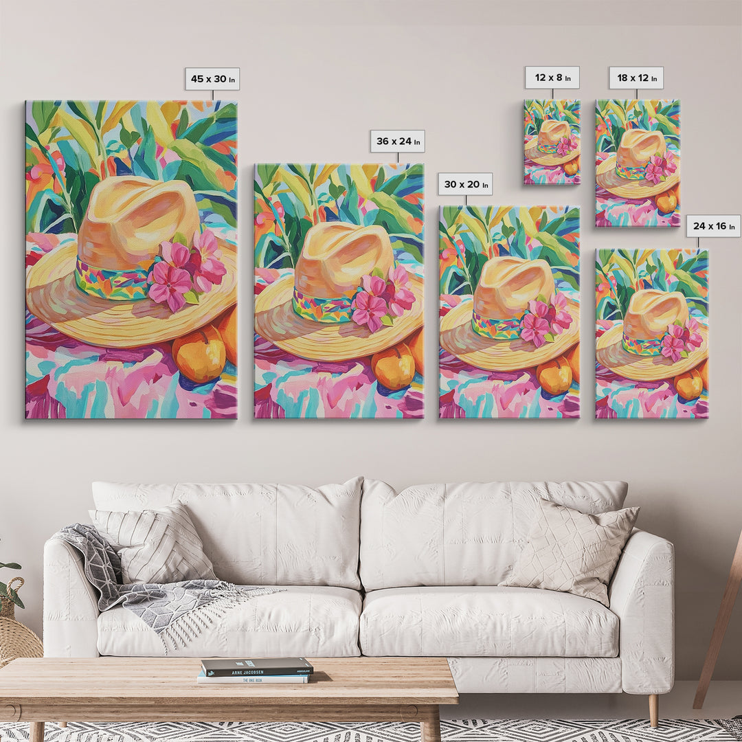 Straw Sun Hat With Pink Flowers Canvas Print, Tropical Wall Art, Coastal Cowgirl Decor, Summer Home Decor Art Gift For Her