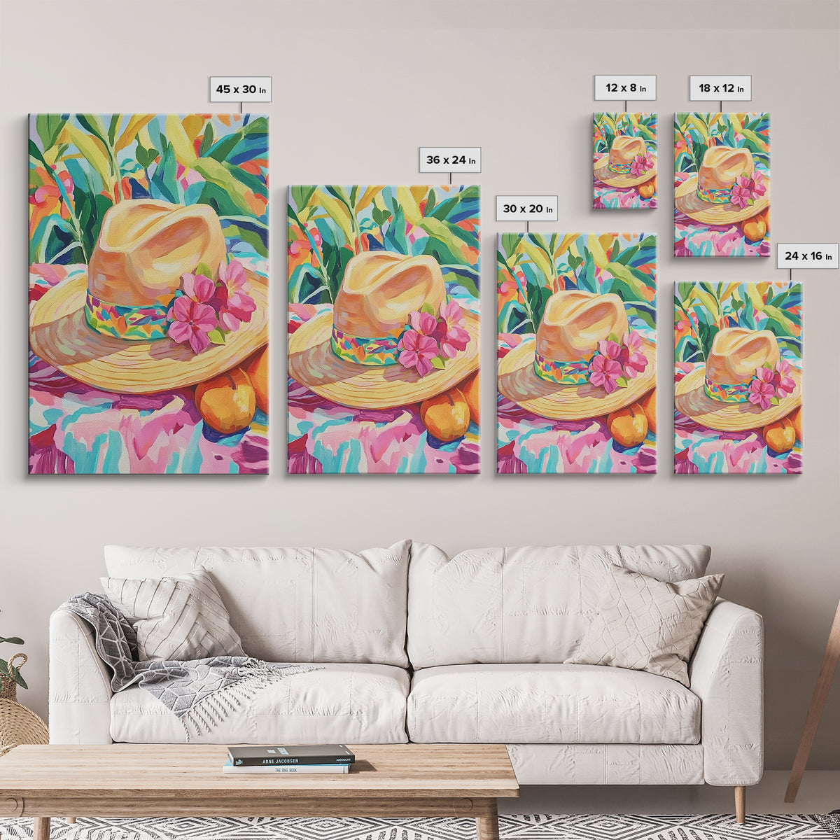 Straw Sun Hat With Pink Flowers Canvas Print, Tropical Wall Art, Coastal Cowgirl Decor, Summer Home Decor Art Gift For Her