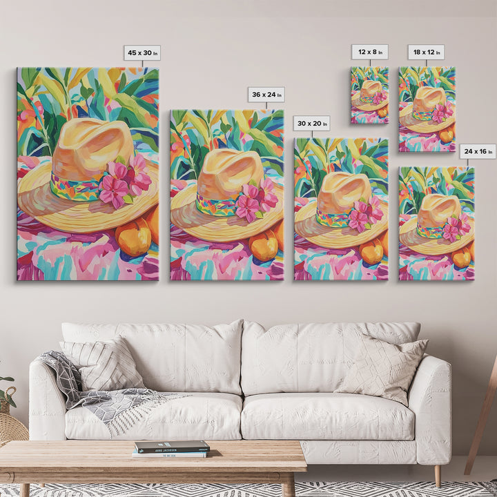 Straw Sun Hat With Pink Flowers Canvas Print, Tropical Wall Art, Coastal Cowgirl Decor, Summer Home Decor Art Gift For Her