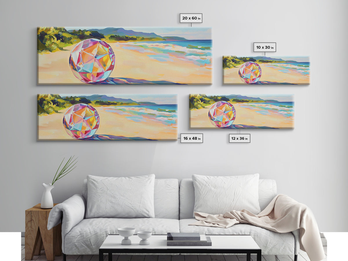 Prismatic Beach Ball On Tropical Shore Canvas Print, Coastal Wall Art, Beach House Decor, Ocean Wall Decor, Summer Vibes