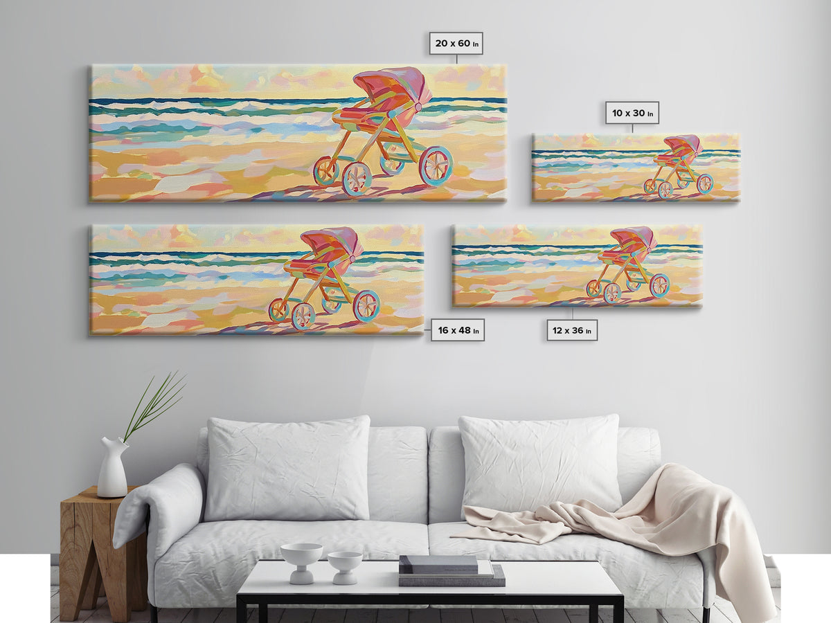 Pink Baby Stroller On Sunny Beach Wall Art, Coastal Nursery Decor, Ocean Canvas Print, Baby Shower Gift For Girl, Beach House Decor