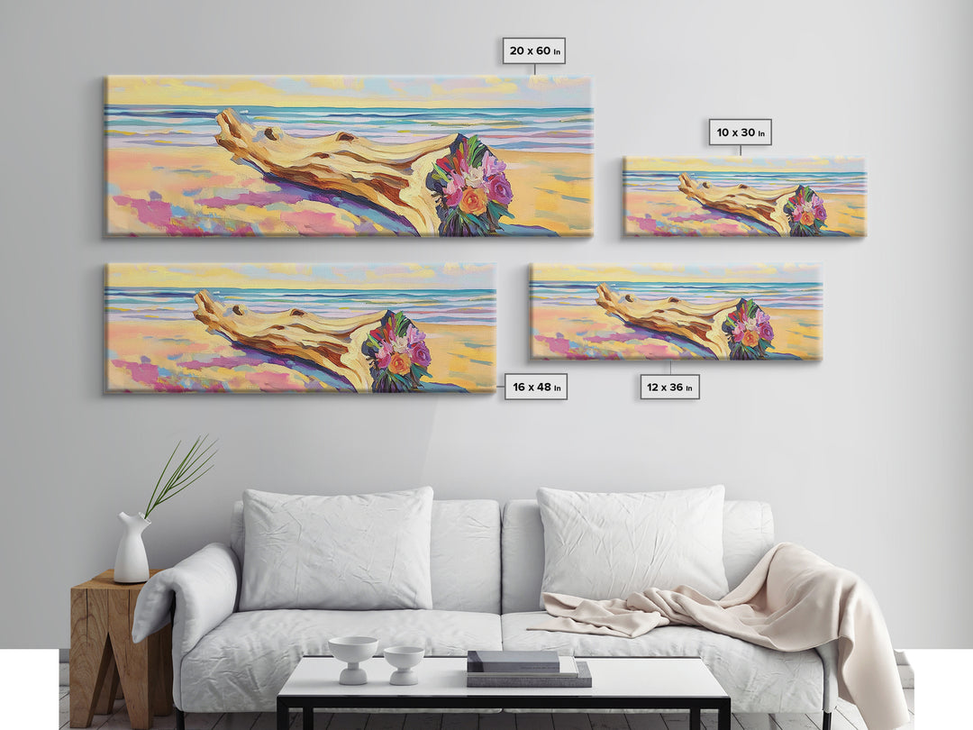 Driftwood Bouquet On Sandy Beach Wall Art, Coastal Canvas Print, Ocean Landscape Decor, Beach House Living Room Wall Decor Gift For Her