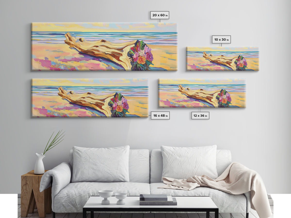 Driftwood Bouquet On Sandy Beach Wall Art, Coastal Canvas Print, Ocean Landscape Decor, Beach House Living Room Wall Decor Gift For Her
