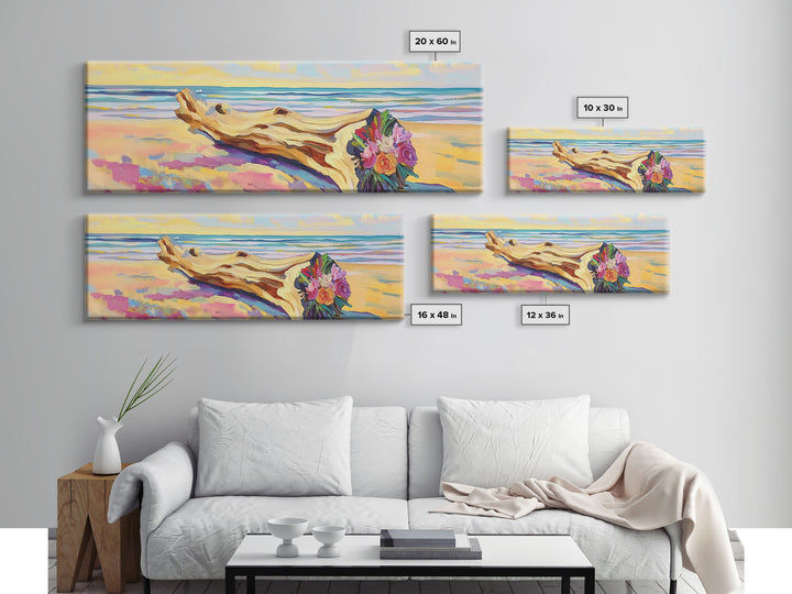 Driftwood Bouquet On Sandy Beach Wall Art, Coastal Canvas Print, Ocean Landscape Decor, Beach House Living Room Wall Decor Gift For Her