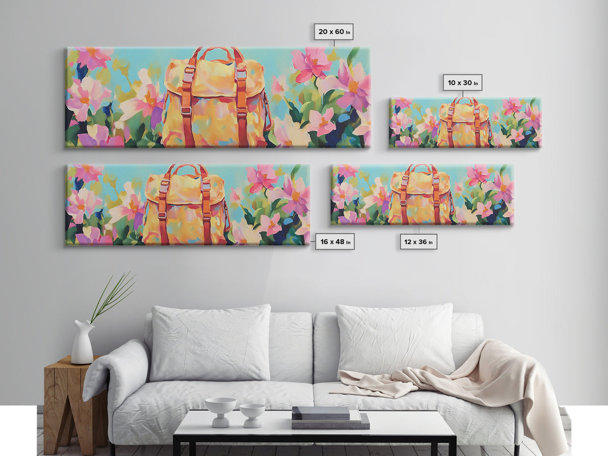 Sunlit Yellow Backpack In Blooming Garden Wall Art, Whimsical Canvas Print For Travel Decor Girls Room Decor And Gift For Her