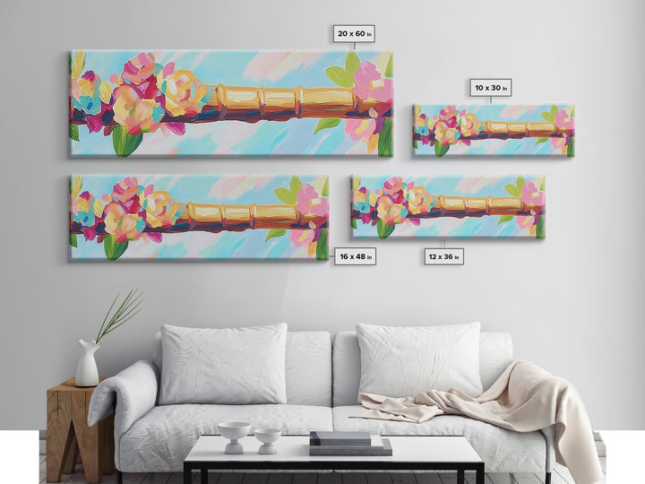 Pink Flowers On Gold Bamboo Rod Canvas Print, Feminine Wall Art, Floral Wall Decor, Chinoiserie Inspired Home Decor Gift