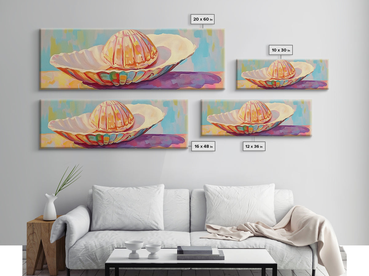 Pastel Seashells On Painted Plate Canvas Print, Coastal Wall Art, Beach House Decor, Ocean Art Print, Bathroom Wall Decor