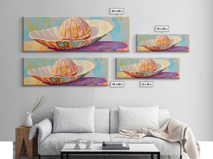 Pastel Seashells On Painted Plate Canvas Print, Coastal Wall Art, Beach House Decor, Ocean Art Print, Bathroom Wall Decor