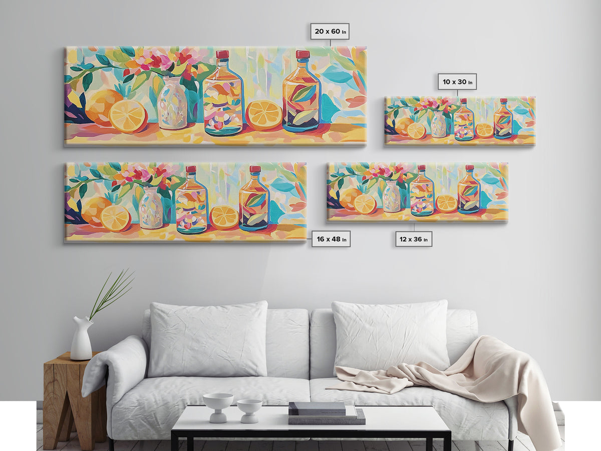 Lemon Bottles And Pink Flowers Framed Canvas Print, Kitchen Wall Art, Colorful Still Life, Modern Dining Room Decor, Housewarming Gift