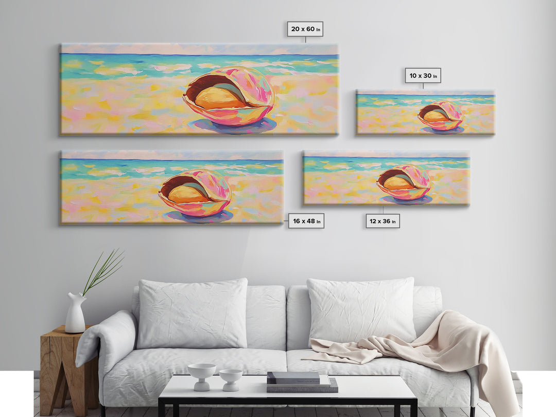 Pink Seashell On Beach Canvas Print, Coastal Wall Art, Ocean Painting, Beach House Decor, Nautical Living Room Print Gift