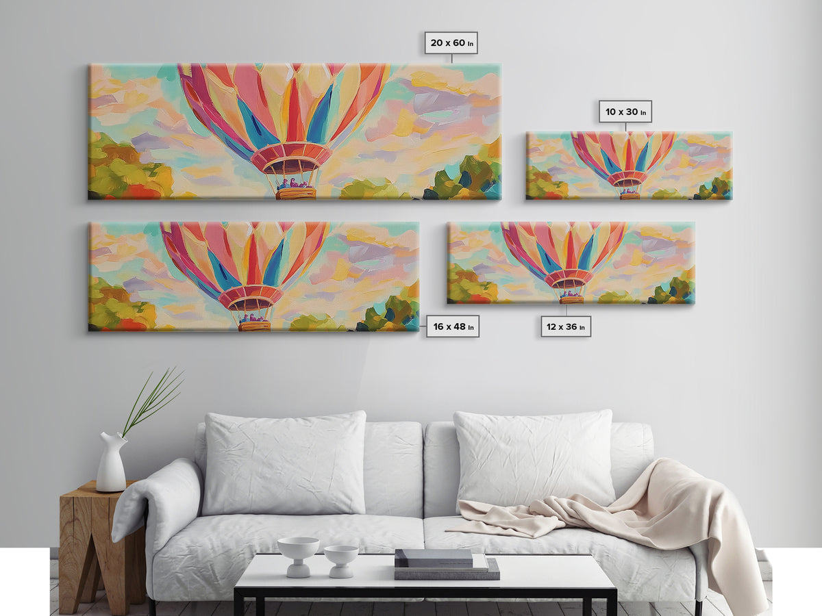 Pastel Hot Air Balloon Wall Art, Whimsical Landscape Painting, Nursery Decor, Kids Room Wall Decor, Framed Canvas Print Gift